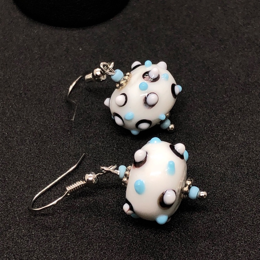 White and teal LAMPWORK dangle earrings